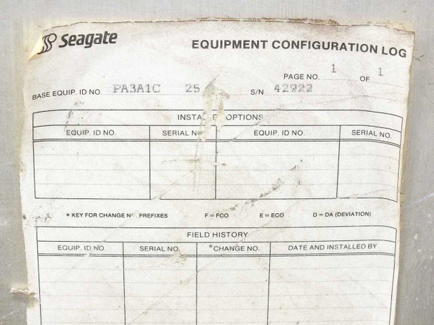 Seagate Equipment Configuration Log label showing Base Equip. ID No. PA3A1C, S/N 42922, Page 1 of 1 with installed options and field history table
