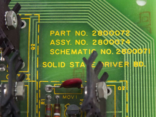 Drytek PCB close-up of silkscreen label showing Part No. 2800072, Assy No. 2800074, Schematic No. 2800071, and Solid State Driver Bd. text