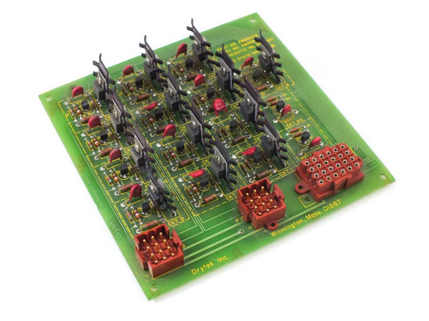 Drytek 100S Solid State Driver Board 2800072 — top component side showing red IDC connectors, transistors, and Drytek Inc. Wilmington Mass label