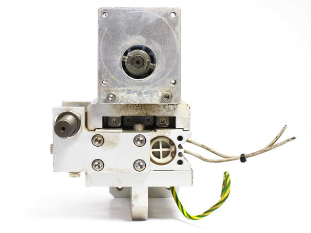 SMC MXS20L-20B — rear end view showing motor/rotary actuator face, guide rail, and ground wire leads