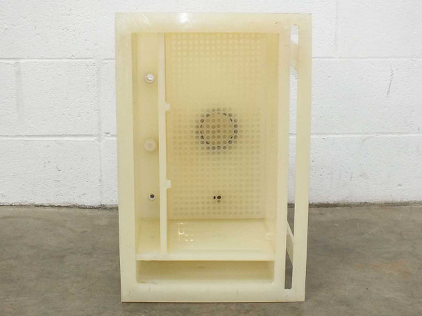 PTFE wafer etch bath interior view with lid removed showing perforated wafer carrier plate and rinse section
