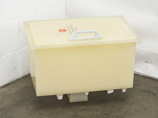 Custom PTFE benchtop wafer etch bath front view with closed lid and handle — label sticker visible on lid