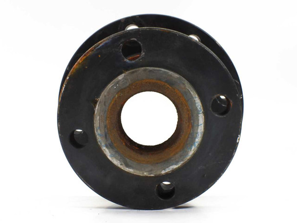 Kerkau A105 pipe flange reducer – bottom view of 2.5-inch small end showing four bolt holes and raised face with rust and paint
