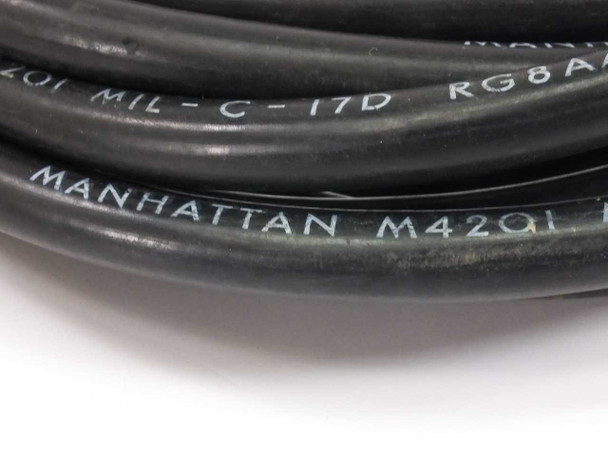 Close-up of Manhattan M4201 MIL-C-17D RG8A/U markings printed on black cable jacket