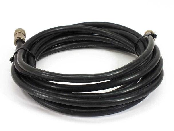 Manhattan M4201 MIL-C-17D RG8A/U 18 ft RF coaxial cable coiled — alternate angle showing both connectors