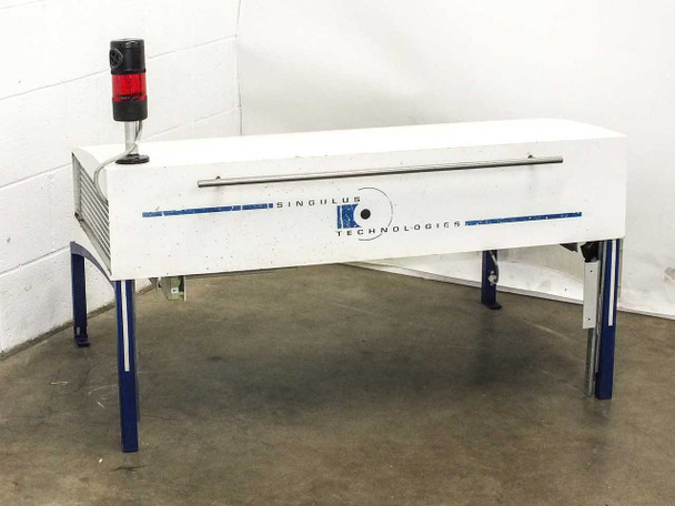 Singulus Technologies VLF/M 500/1000 laminar flow hood — right-side three-quarter view showing white enclosure, blue stand legs, stainless rod, and ionizer probe