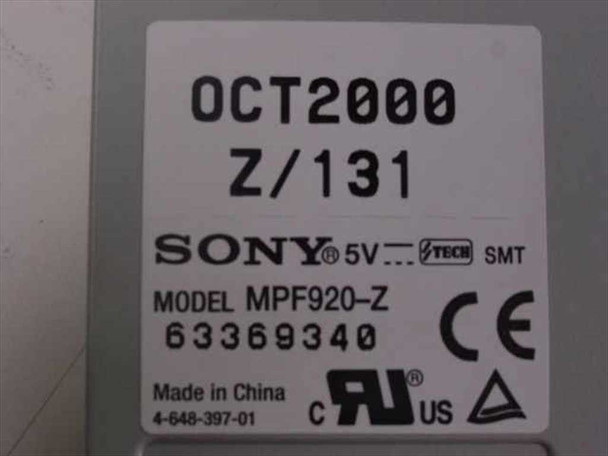 Sony MPF920-Z label closeup showing model number, 5V rating, manufacture date October 2000, serial number 63369340, and Made in China mark