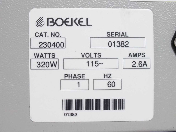 Boekel 5420 rating label showing Cat. No. 230400, Serial 01382, 320W, 115V, 2.6A, Phase 1, 60Hz
