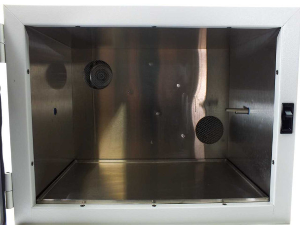 VWR Boekel 5420 interior chamber view showing stainless steel walls and base, two circular drive ports for carousel rotation, and interior hardware