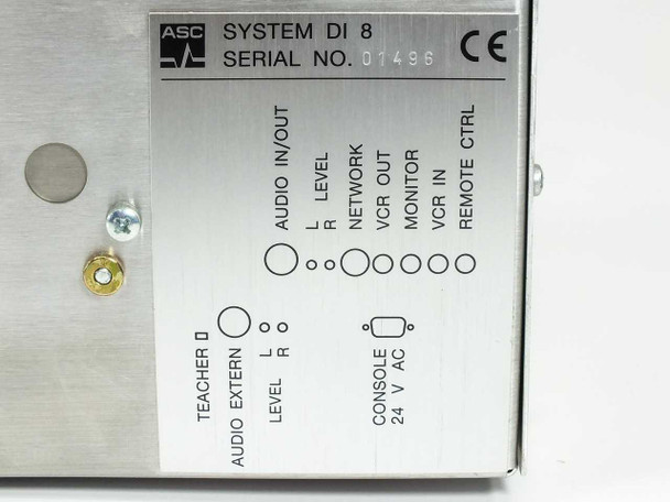 ASC System DI 8 rear panel label showing Audio In/Out, Network, VCR Out, VCR In, Monitor, Remote Ctrl, Teacher, Audio Extern, and Console 24V AC ports