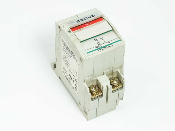 Fuji Electric CP32TM/15 Circuit Protector – rear-angle view showing opposite side and DIN rail clip