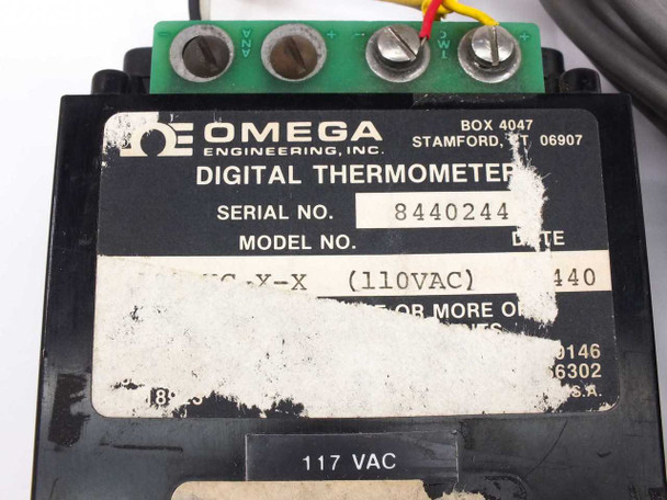 Omega Engineering Model 199 label closeup showing serial number 8440244, model 199-KC-X-X, 110VAC rating, and 117VAC sticker