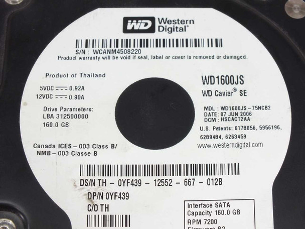 Western Digital WD1600JS drive label close-up showing model WD1600JS-75NCB2, serial number, 7200 RPM, 160GB, SATA interface, and Dell DP/N YF439