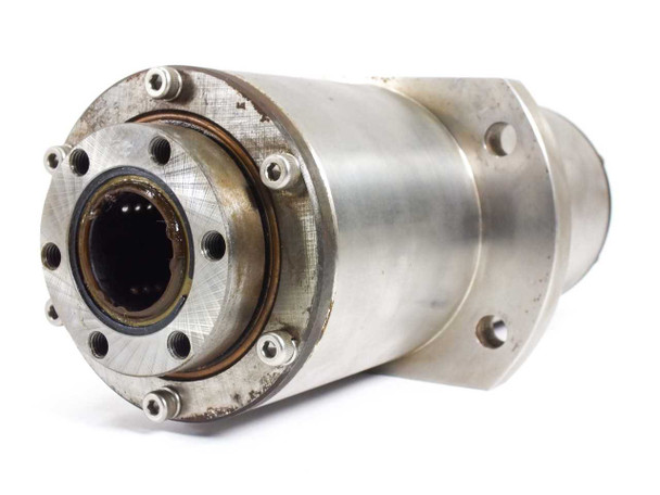Stainless steel rotation drive cylinder – rear three-quarter view showing opposite end cap and flange bolt pattern