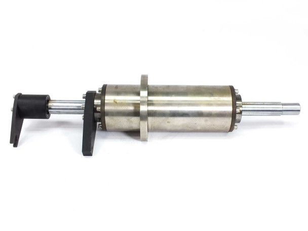 Full side view of stainless steel rotation cylinder 330mm with positioning arm showing shaft and flange detail