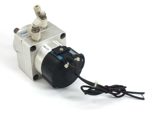 Koganei RANS50-190 rotary vane actuator — rear-left view showing sensor switch housing, lead wires, and push-to-connect air fittings on top