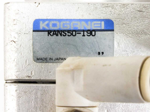 Koganei RANS50-190 label closeup — model number RANS50-190, Made in Japan marking on actuator body