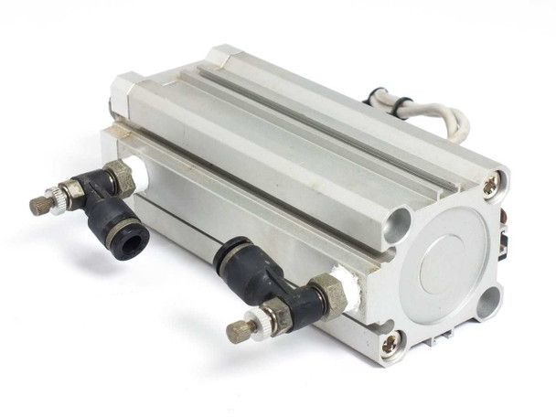 SMC CDQ2KB32-60DM-J79L compact cylinder – port end view showing two push-to-connect pneumatic fittings and body fins