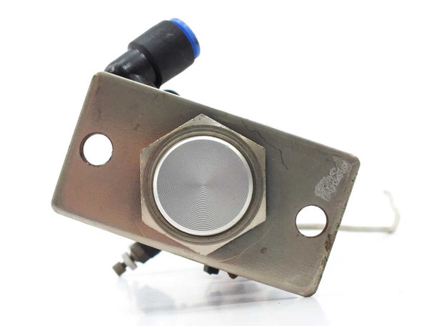 SMC CDM2G32-65-H7BL3 pneumatic cylinder – rod-end cap view with push-in fitting and stainless steel mounting plate showing two bolt holes