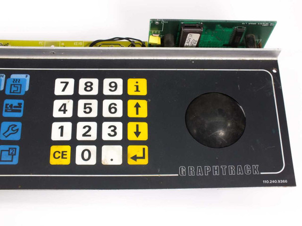 Netstal Graphtrack front panel 110.240.9366 — close-up of right section showing numeric keypad, yellow navigation keys, and trackball recess