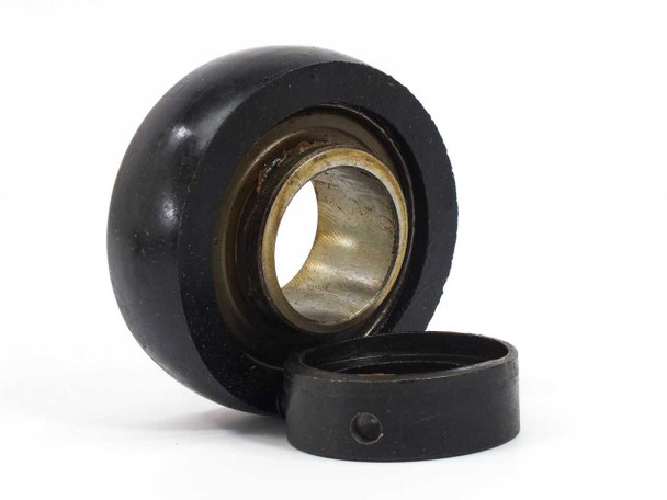 Fafnir RABR 1 bearing cartridge tilted view showing brass bore, rubber outer housing, and separate snap ring