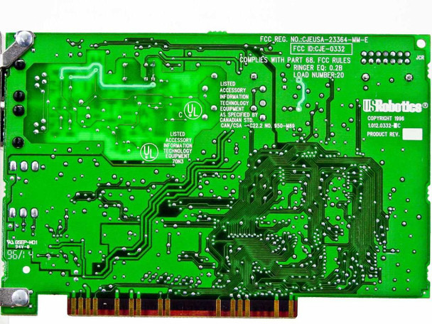 US Robotics Sportster ISA modem card — PCB back/solder side showing FCC registration, UL listing, and 1.012.0332-MC product rev markings
