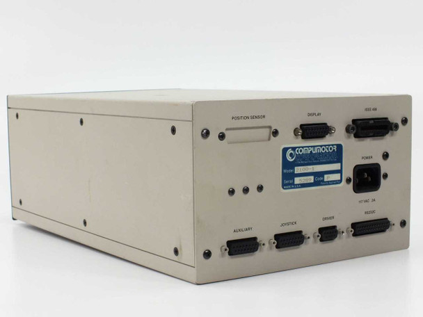 Compumotor 2100-1 Indexer rear panel — Position Sensor, Display, IEEE-488, Auxiliary, Joystick, Driver, RS232C DB-25 connectors and IEC power inlet labeled 117 VAC 0.2A