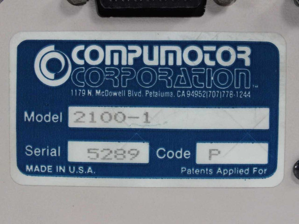 Compumotor Corporation label close-up — Model 2100-1, Serial 5289, Code P, Made in USA, Petaluma CA address