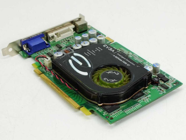 EVGA e-GeForce 7600GT 256MB video card – second angled view showing reverse side of PCB, EVGA fan shroud label, and bracket with DVI and VGA ports