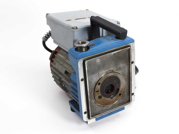 ATB vacuum pump motor — three-quarter front-right view showing machined vacuum head flange face with empty bolt holes (mounting screws absent) and central shaft bore
