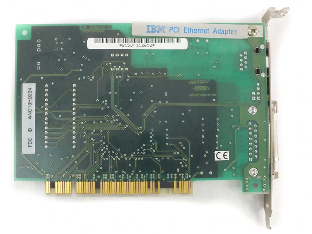 IBM 13H9238 PCI Ethernet Adapter – solder-side (back) of card showing IBM PCI Ethernet Adapter label, FCC ID ANO13H9234, and CE mark