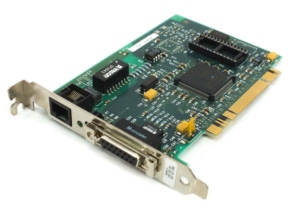 IBM 13H9238 PCI Ethernet Adapter – angled top view showing RJ-45 and AUI ports on bracket and AMD PCnet-PCI II main chip