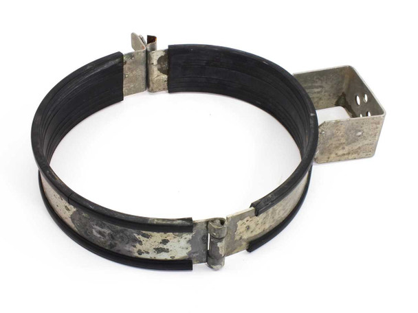Cherry-Burrell 9-inch tank bracket clamp – side angle view showing surface corrosion and oxidation on metal band