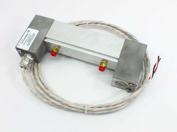 Research Inc 5306-5B StripIR 1000W infrared lamp housing front three-quarter view showing aluminum housing body, red-capped 1/8 NPT water cooling ports, and braided power lead cable