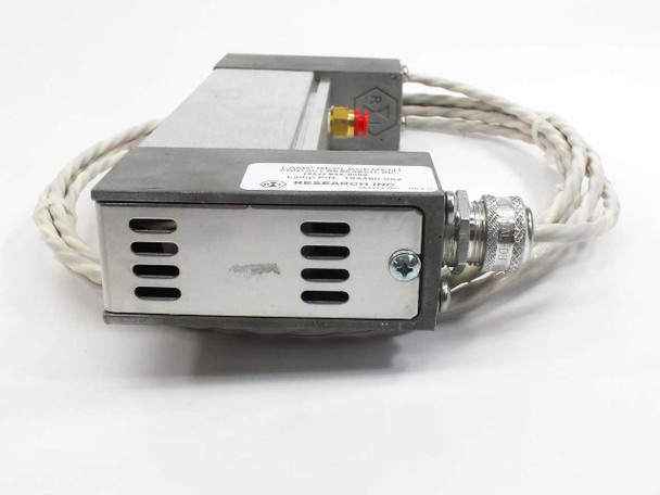 Research Inc StripIR infrared lamp housing — opposite end view showing ventilation slots, mounting screw, and lead wire exit with strain relief