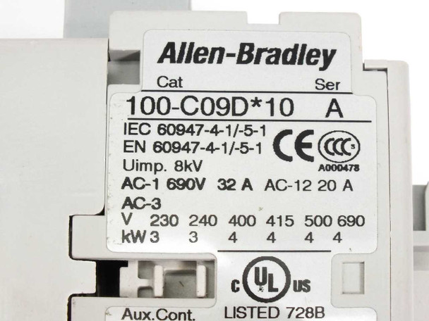 Allen-Bradley 100-C09D10 contactor rating label showing Cat No, Series A, IEC standards, AC-1/AC-3 ratings and voltage table