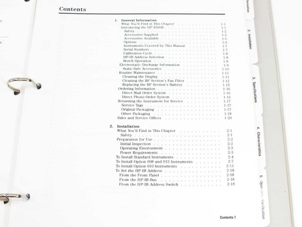 HP 8566B manual table of contents page 1 — General Information and Installation chapters