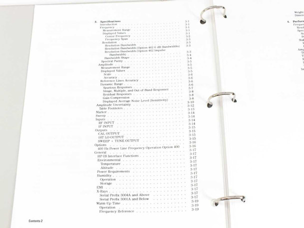 HP 8566B manual table of contents page 2 — Specifications chapter with detailed section listings