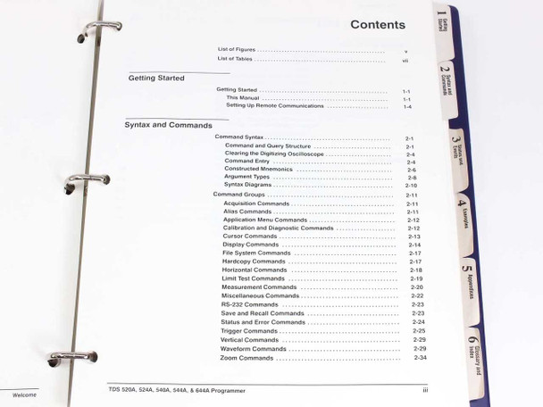 Tektronix TDS 520A 644A Programmer Manual – table of contents showing Syntax and Commands sections including Getting Started and RS-232 Commands