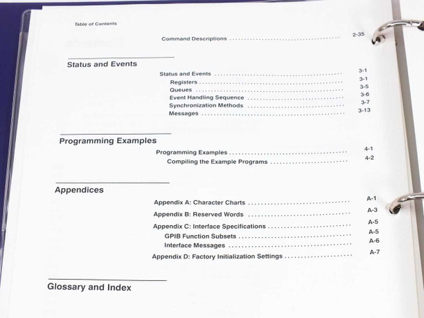 Tektronix TDS Programmer Manual 070-8709-01 – table of contents continuation showing Status and Events, Programming Examples, and Appendices sections