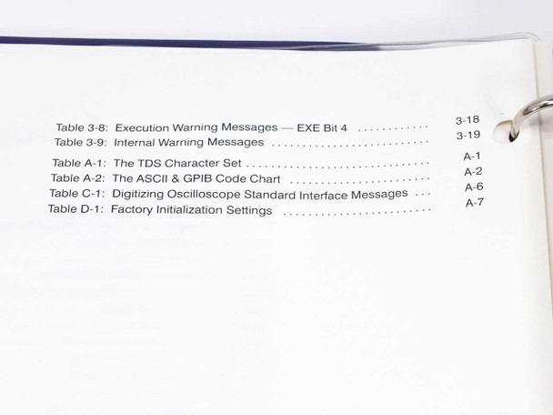 Tektronix TDS 520A 644A Programmer Manual 070-8709-01 – final List of Tables page showing execution warning messages and factory initialization settings appendix