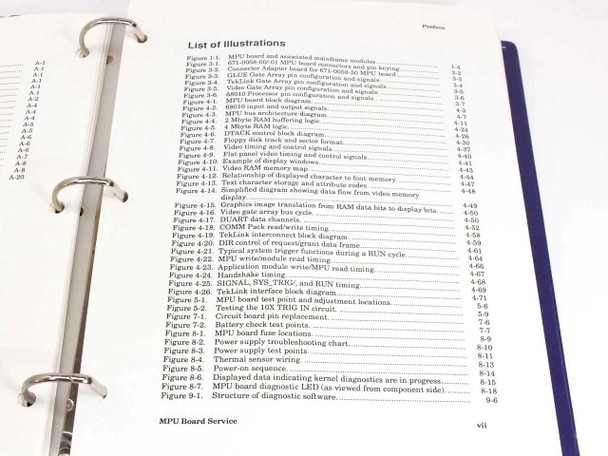 Tektronix 671-0058-XX MPU Board Service Manual – List of Illustrations pages listing all figures including MPU board, schematics, power supply, and diagnostic displays