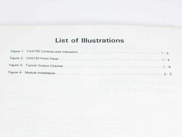 Tektronix VX4730 Operating Manual list of illustrations page showing figures for controls, front panel, and module installation