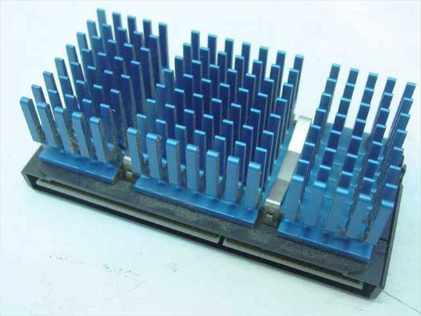 Intel Pentium II Slot 1 processor – bottom and rear view showing blue aluminum heatsink fins and SEC cartridge edge connector