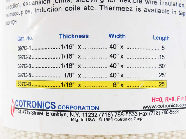 Cotronics Thermeez product label showing catalog number table — 397C-8 highlighted in yellow: 1/16" thick x 6" wide x 25 ft