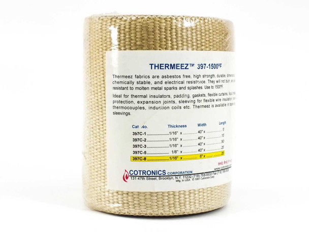 Cotronics Thermeez 397C-8 ceramic fiber insulation cloth roll showing product label with specs and catalog number chart — 6" wide x 25 ft, 1500°F