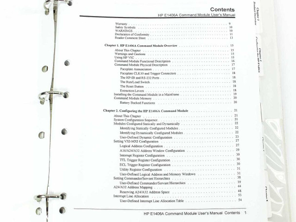 HP E1406A Command Module User's Manual table of contents page showing chapters on overview, configuration, and display terminal interface