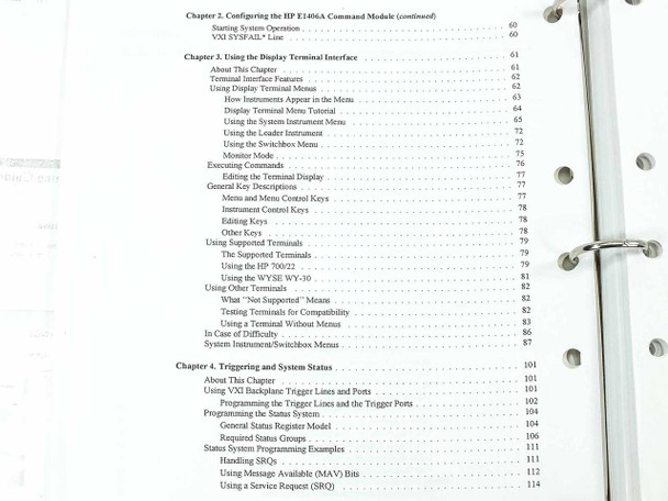 HP E1406A manual table of contents continued showing chapters on configuring the command module and system status
