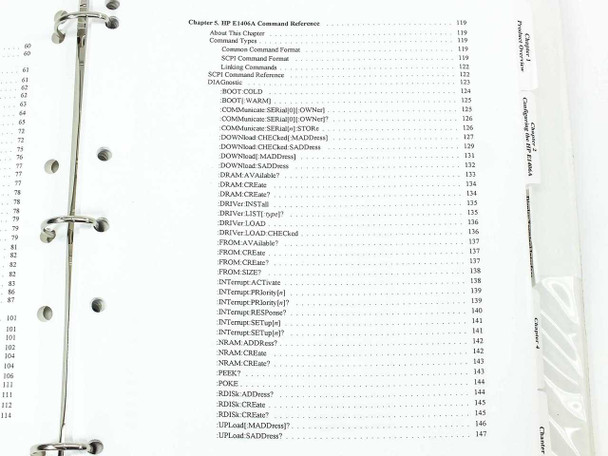 HP E1406A manual Chapter 5 SCPI command reference section listing commands including BOOT, COMMunicate, DOWNload, and DRAM commands
