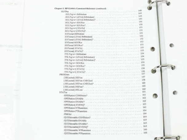 HP E1406A manual Chapter 5 SCPI command reference continued showing OUTPut, ECLTrg, EXTernal, TTLTrg, PROGram, and STATus commands